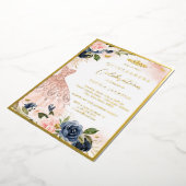 Elegant Navy Pink Floral Tiara Dress Quinceanera Folie Uitnodiging (Gedraaid)