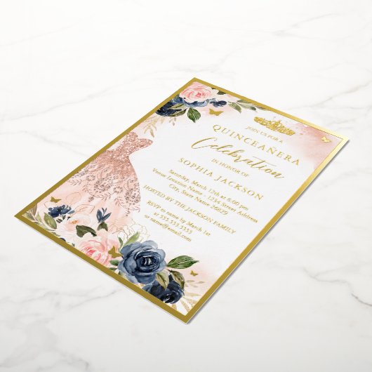Elegant Navy Pink Floral Tiara Dress Quinceanera Folie Uitnodiging (Gedraaid)