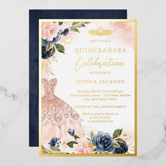 Elegant Navy Pink Floral Tiara Dress Quinceanera Folie Uitnodiging (Voorkant / Achterkant)