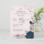 Elegant Navy & Pink Flowers Verjaardagsfeest Kaart (Staand voorkant)