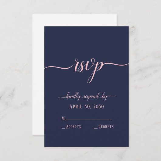 Elegant Navy Pink Script Minimal Weddenschap RSVP Kaartje (Voorkant / Achterkant)