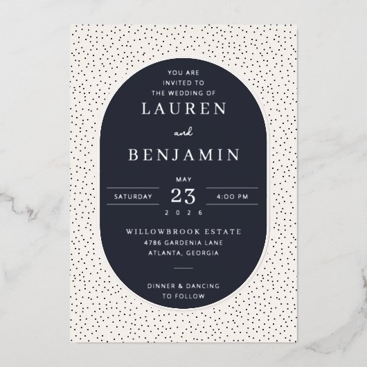 Elegant Navy Polka Dot Wedding Invitation Folie Uitnodiging (Voorkant)