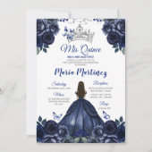 Elegant Navy Prinses Floral Zilver Mis Quince Kaart (Voorkant)