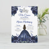 Elegant Navy Prinses Floral Zilver Mis Quince Kaart (Staand voorkant)
