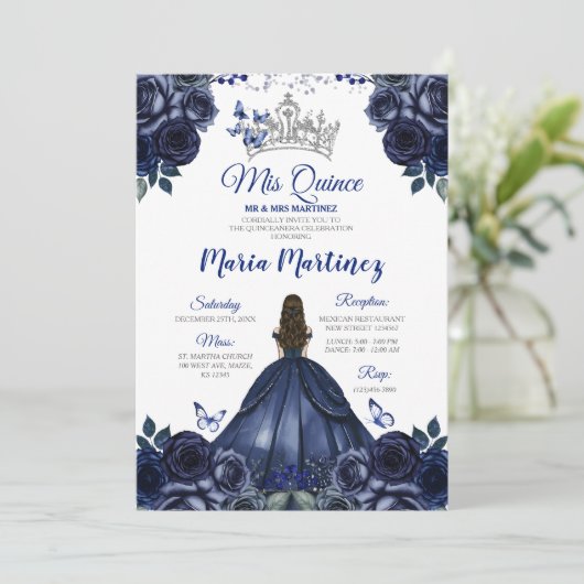 Elegant Navy Prinses Floral Zilver Mis Quince Kaart (Staand voorkant)