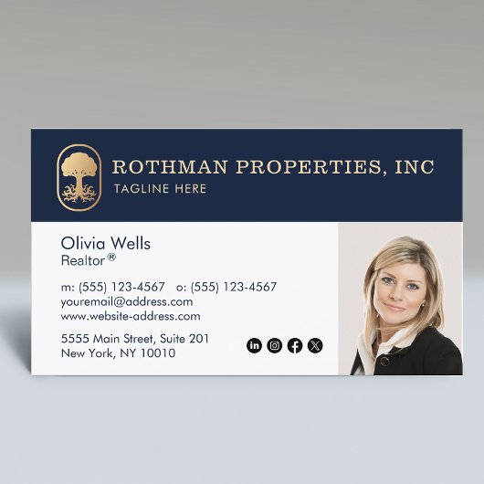 Elegant Navy Real Estate Agent Photo Visitekaartje