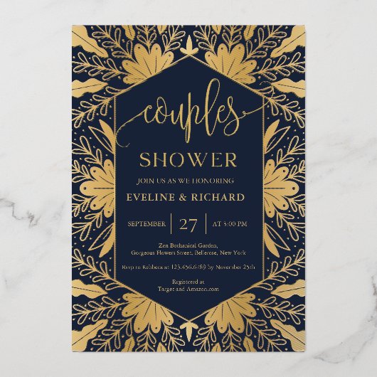 Elegant navy real Gold folie script koppelt douche Uitnodiging (Voorkant)