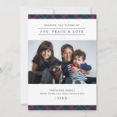 Elegant Navy Red Green Tartan Pset Familie Foto Feestdagenkaart (Voorkant)