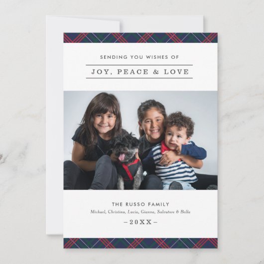 Elegant Navy Red Green Tartan Pset Familie Foto Feestdagenkaart (Voorkant)