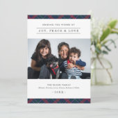 Elegant Navy Red Green Tartan Pset Familie Foto Feestdagenkaart (Staand voorkant)