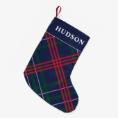 Elegant Navy Red Green Tartan Pset gepersonaliseer Kleine Kerstsok (Voorkant (Hangend))