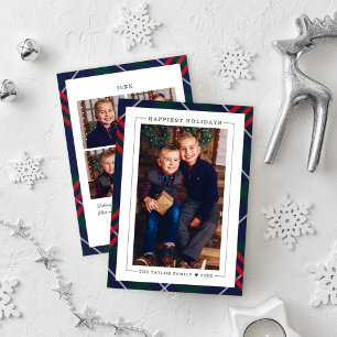 Elegant Navy Red Green Tartan Pset Multi Photo Feestdagenkaart