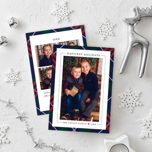 Elegant Navy Red Green Tartan Pset Multi Photo Feestdagenkaart