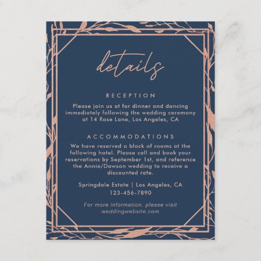 Elegant Navy & Roos Gold Botanical Wedding Details Informatiekaartje (Voorkant)