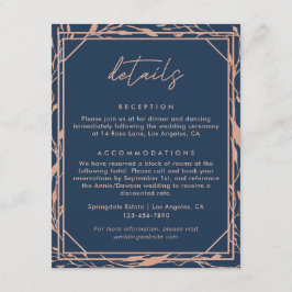 Elegant Navy & Roos Gold Botanical Wedding Details Informatiekaartje