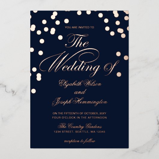 Elegant Navy Roos Gold Confetti Wedding Folie Uitnodiging (Voorkant)