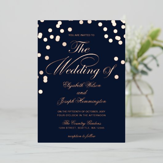 Elegant Navy Roos Gold Confetti Wedding Folie Uitnodiging (Staand Voorkant)