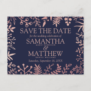 Elegant Navy & Roos Gold Floral Wedding Collectie Aankondigingskaart