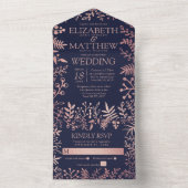 Elegant Navy & Roos Gold Floral Wedding Collectie All In One Uitnodiging (Binnen)