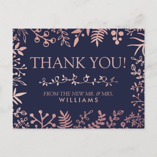 Elegant Navy & Roos Gold Floral Wedding Collectie Briefkaart (Voorkant)