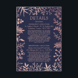 Elegant Navy & Roos Gold Floral Wedding Collectie Informatiekaartje<br><div class="desc">Viel in stijl met deze moderne en zeer trendy bruiloft-detail-insteekkaarten. Het ontwerp is gemakkelijk te personaliseren met uw speciale gebeurtenisformulering en uw gasten zullen enthousiast zijn wanneer zij deze geweldige infoomheiningskaarten ontvangen. Overeenkomende objecten zijn te vinden in het collectie.</div>