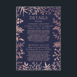 Elegant Navy & Roos Gold Floral Wedding Collectie Informatiekaartje<br><div class="desc">Viel in stijl met deze moderne en zeer trendy bruiloft-detail-insteekkaarten. Het ontwerp is gemakkelijk te personaliseren met uw speciale gebeurtenisformulering en uw gasten zullen enthousiast zijn wanneer zij deze geweldige infoomheiningskaarten ontvangen. Overeenkomende objecten zijn te vinden in het collectie.</div>