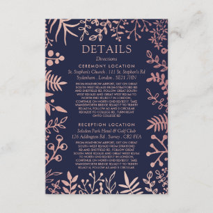 Elegant Navy & Roos Gold Floral Wedding Collectie Informatiekaartje