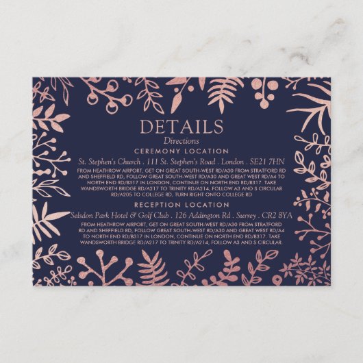 Elegant Navy & Roos Gold Floral Wedding Collectie Informatiekaartje (Voorkant)