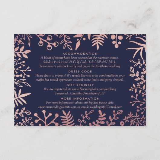 Elegant Navy & Roos Gold Floral Wedding Collectie Informatiekaartje (Achterkant)