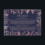 Elegant Navy & Roos Gold Floral Wedding Collectie Informatiekaartje<br><div class="desc">Viel in stijl met deze moderne en zeer trendy bruiloft-detail-insteekkaarten. Het ontwerp is gemakkelijk te personaliseren met uw speciale gebeurtenisformulering en uw gasten zullen enthousiast zijn wanneer zij deze geweldige infoomheiningskaarten ontvangen. Overeenkomende objecten zijn te vinden in het collectie.</div>