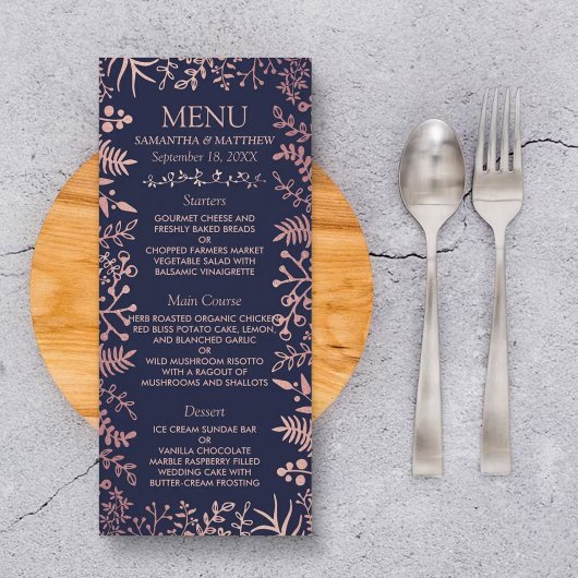 Elegant Navy & Roos Gold Floral Wedding Collectie Menu