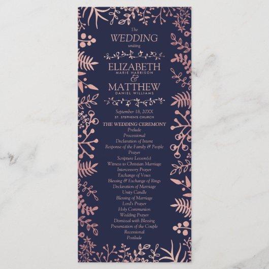 Elegant Navy & Roos Gold Floral Wedding Collectie Programmakaart (Voorkant)