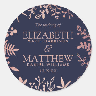 Elegant Navy & Roos Gold Floral Wedding Collectie Ronde Sticker