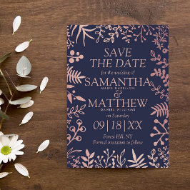 Elegant Navy & Roos Gold Floral Wedding Collectie Save The Date