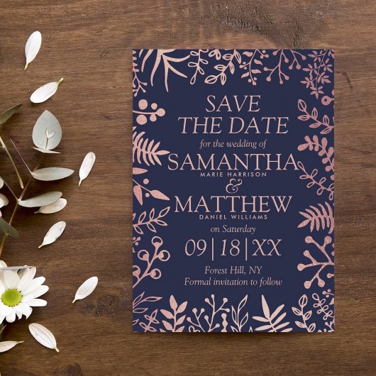 Elegant Navy & Roos Gold Floral Wedding Collectie Save The Date
