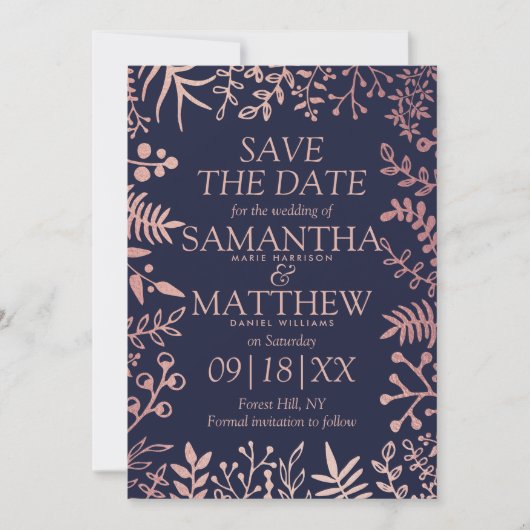 Elegant Navy & Roos Gold Floral Wedding Collectie Save The Date (Voorkant)