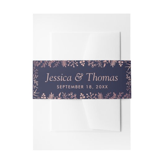 Elegant Navy & Roos Gold Floral Wedding Collectie Uitnodigingen Wikkel (Voorkant Voorbeeld)