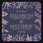 Elegant Navy & Roos Gold Floral Wedding Collectie Vierkante Sticker<br><div class="desc">Geniet in stijl met deze moderne en zeer trendy bruiloft ten gunste van stickers. Het ontwerp is gemakkelijk te personaliseren met uw speciale gebeurtenisformulering en uw gasten zullen enthousiast zijn wanneer zij deze geweldige stickers zien. Overeenkomende objecten zijn te vinden in het collectie.</div>