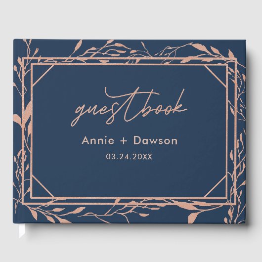 Elegant Navy & Roos Gold Floral Wedding Gastenboek (Voorkant)