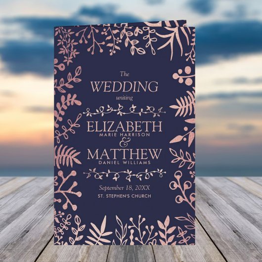 Elegant Navy & Roos Gold Floral Wedding Programme