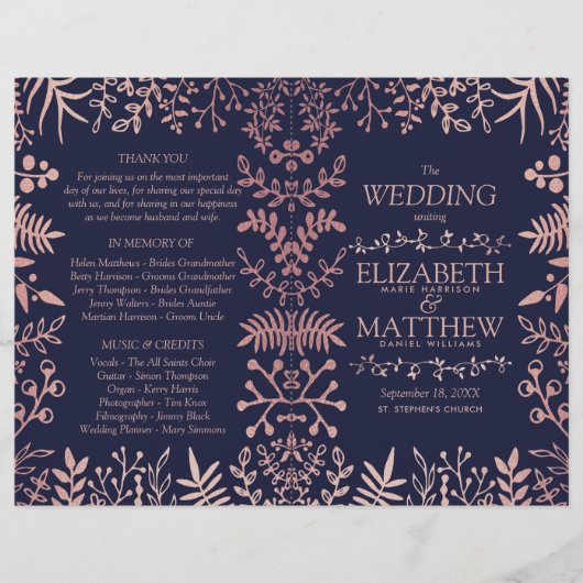 Elegant Navy & Roos Gold Floral Wedding Programme (Voorkant)