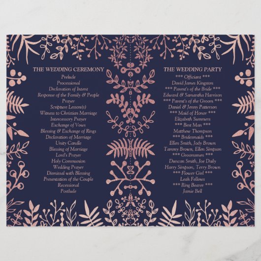 Elegant Navy & Roos Gold Floral Wedding Programme (Achterkant)