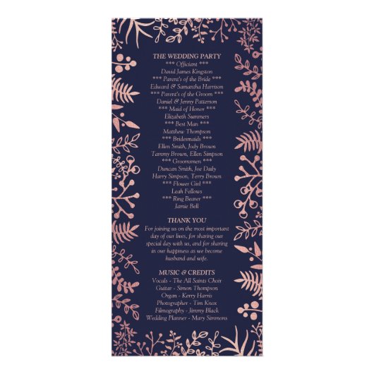 Elegant Navy & Roos Gold Floral Wedding Programme Reclamekaart (Achterkant)
