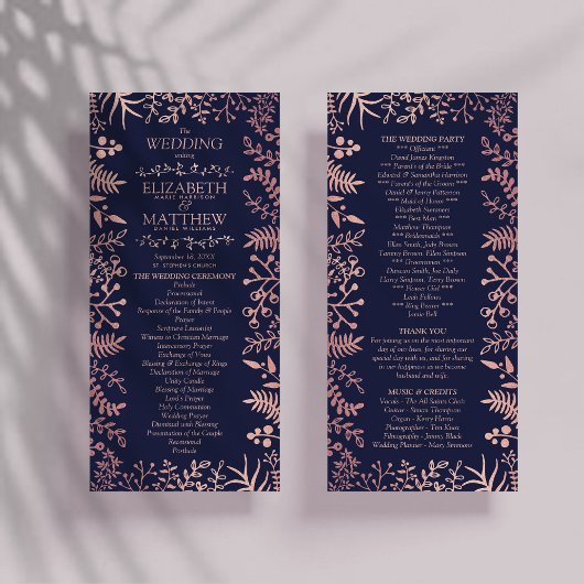 Elegant Navy & Roos Gold Floral Wedding Programme Reclamekaart