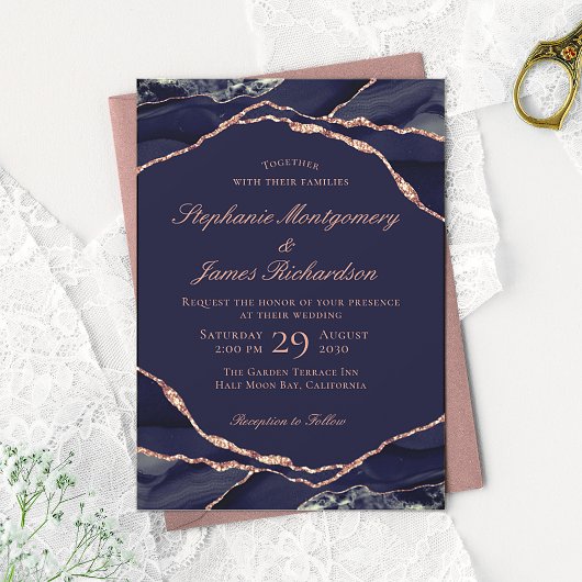 Elegant Navy Roos Gold Foil Agate Wedding Kaart