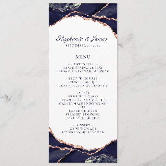 Elegant Navy Roos Gold Foil Agate Wedding Menu (Voorkant)