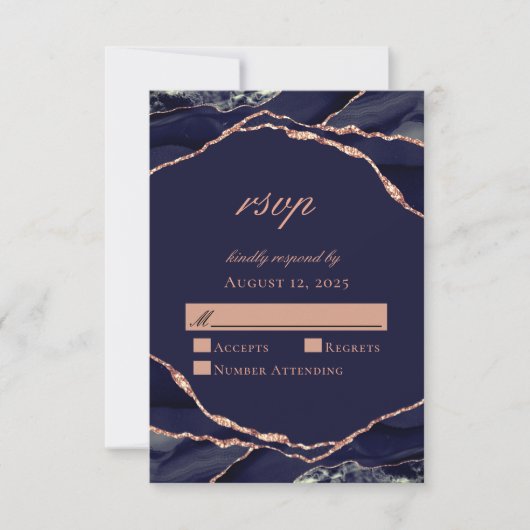Elegant Navy Roos Gold Foil Agate Wedding RSVP Kaartje (Voorkant)