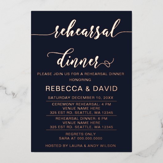 Elegant Navy Roos Gold Script Rehearsal Dinner Folie Uitnodiging (Voorkant)