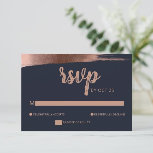 Elegant Navy Roos Gold Simple Modern Wedding RSVP Kaartje (Staand voorkant)