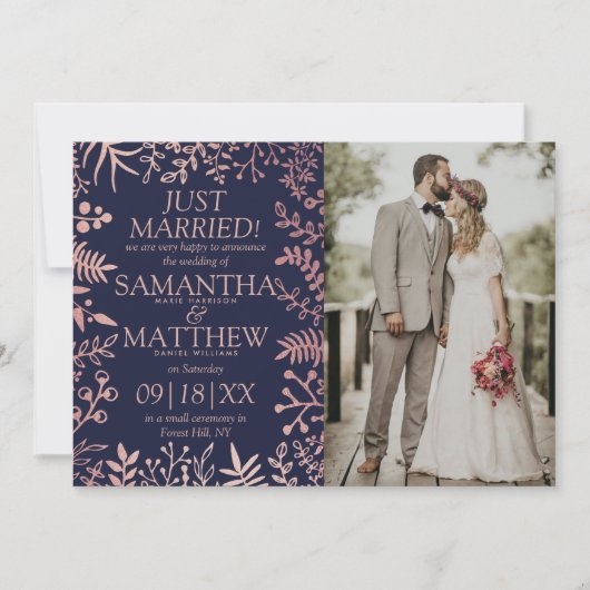 Elegant Navy & Roos Goud Bloemen Bruiloft Foto Aankondiging (Voorkant)